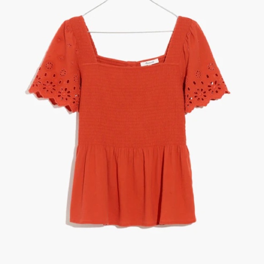 Madewell Eyelet-Sleeve Lucie Smocked Peplum Top Button Back Gauze Embroidered